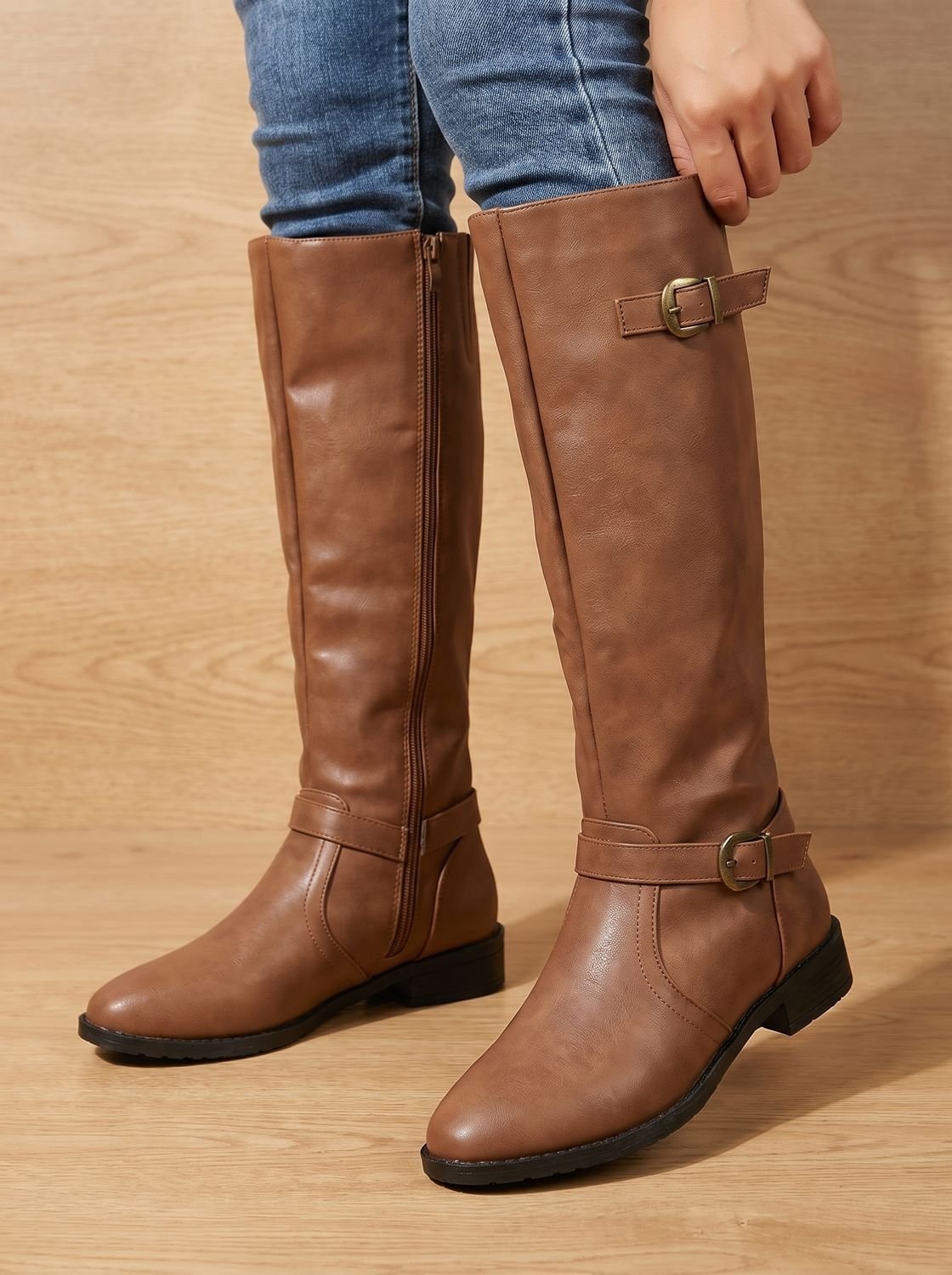 Tan brown knee-high boots shown from the front with full-length side zips, ankle buckles, upper buckles, and low heels.