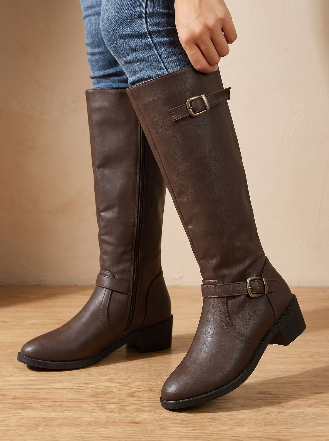 Dark brown knee-high boots posed with one foot lifted, emphasizing the pointed toe, two buckle straps, side zip, and block heel.