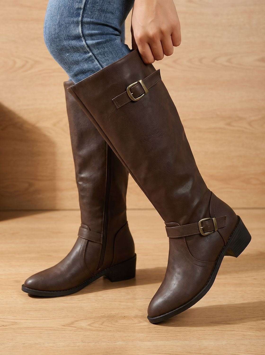 Dark brown knee-high boots shown diagonally with one boot lifted, highlighting the tall shaft, side zip, layered buckles, and heel shape.