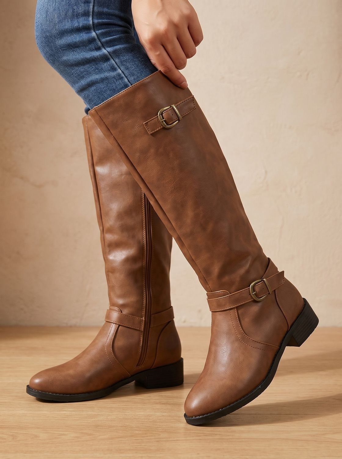 Warm brown knee-high boots shown in a close side view with pointed toes, two buckle details, visible side zips, and low block heels.