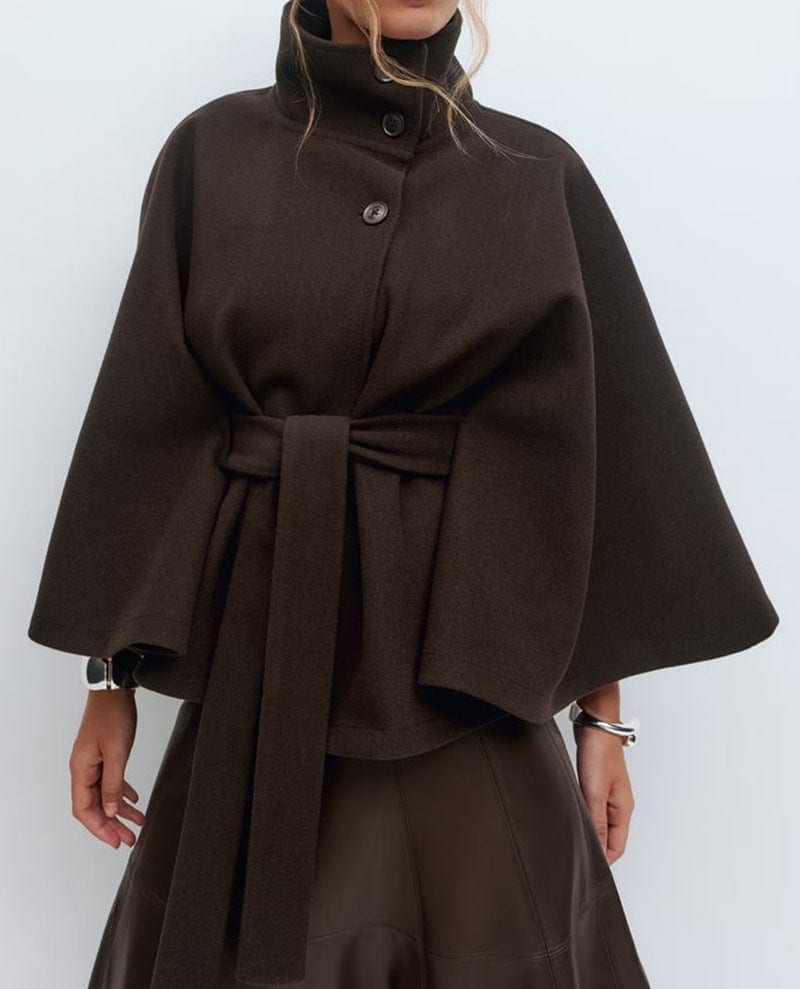 Amanda | Belted Cape Jacket with High Button Collar