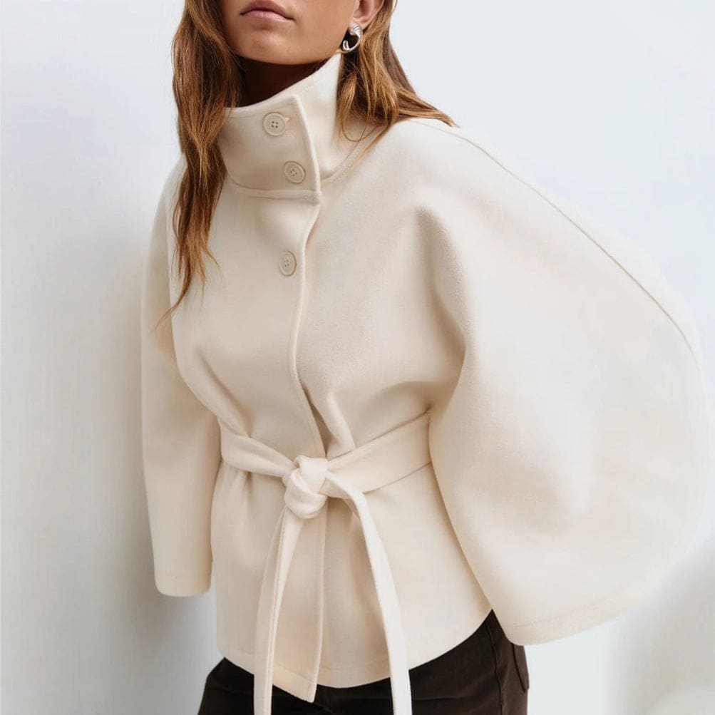 Amanda | Belted Cape Jacket with High Button Collar
