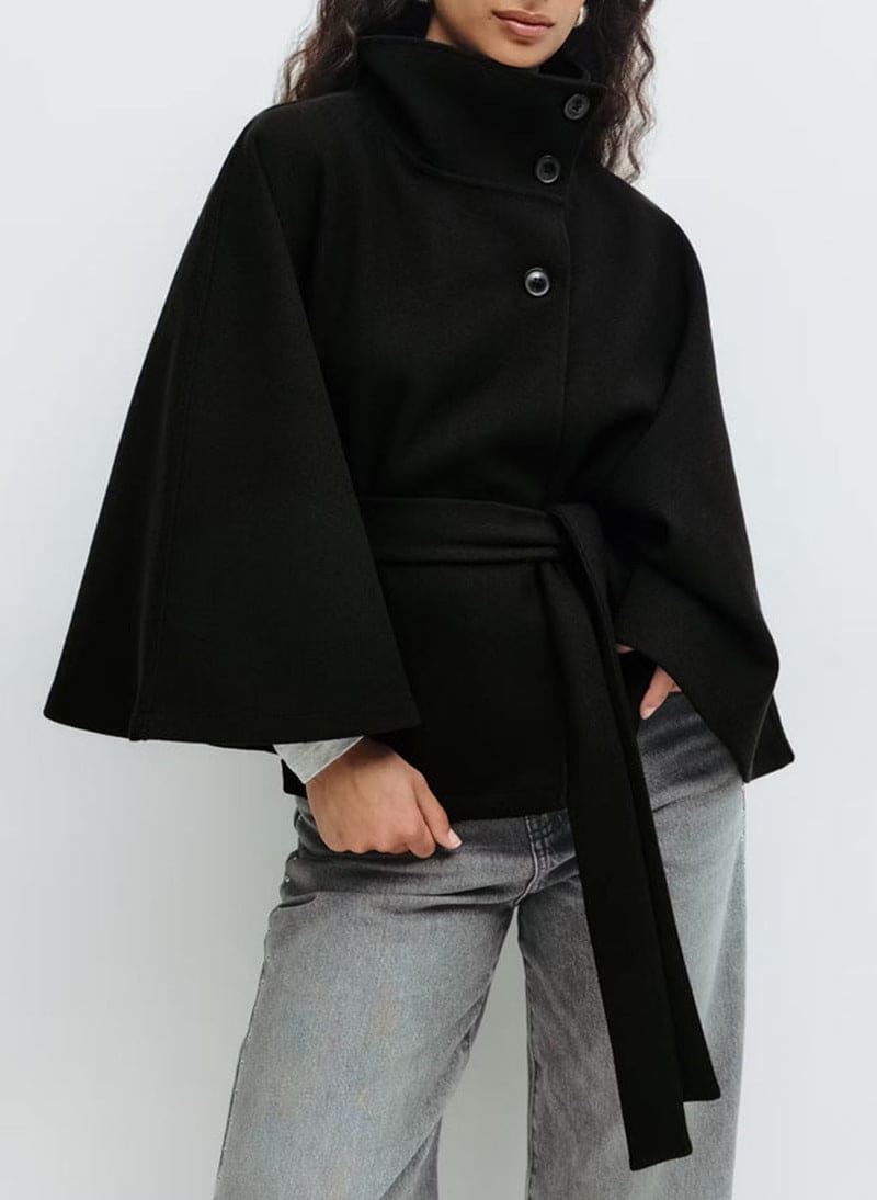 Amanda | Belted Cape Jacket with High Button Collar