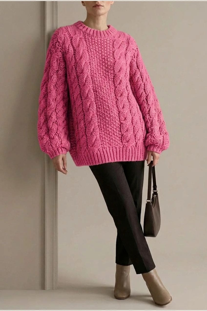 Model wearing an oversized chunky cable knit mock neck sweater dress with wide turn back cuffs and a ribbed hem, styled with sheer tights._3