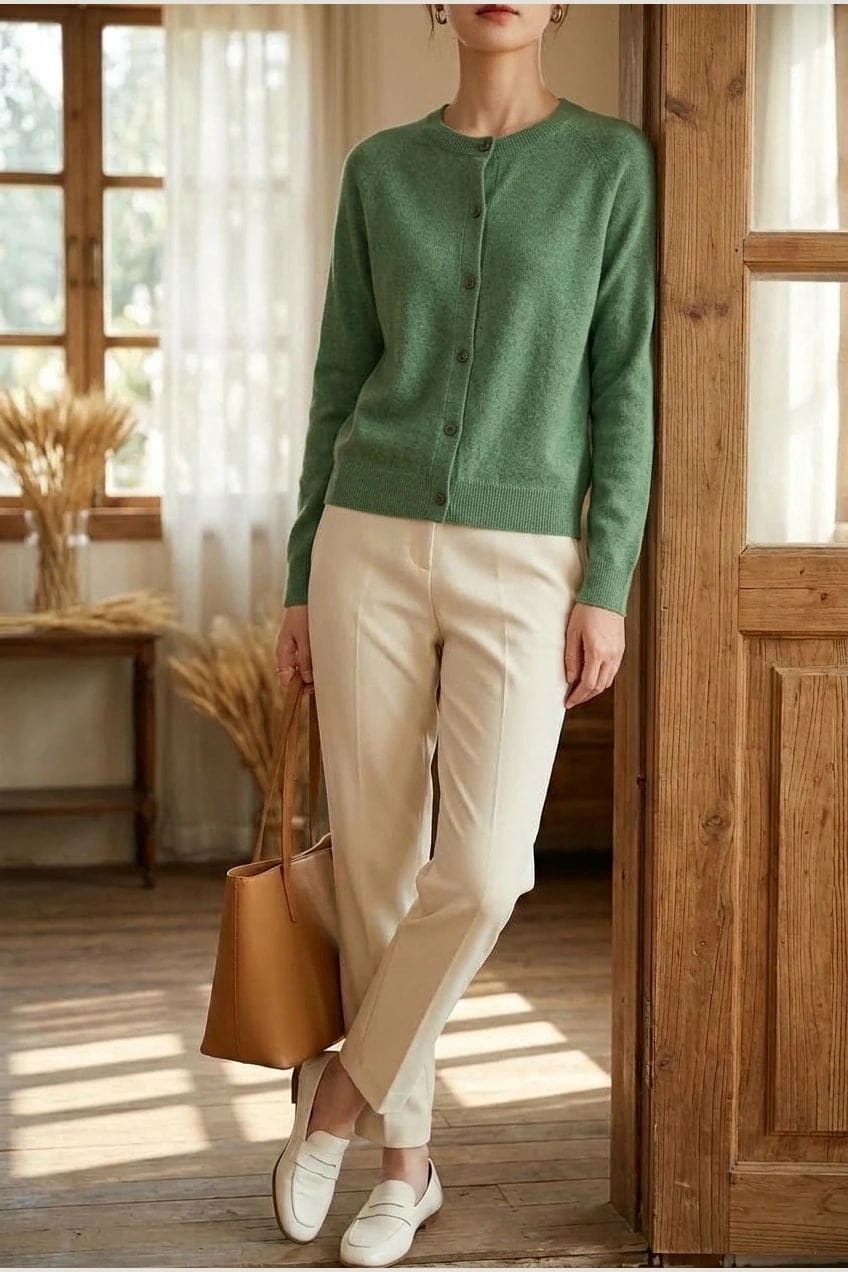 Woman wearing a long sleeve round neck button front cardigan over a grey top with dark slim jeans and ankle boots._14
