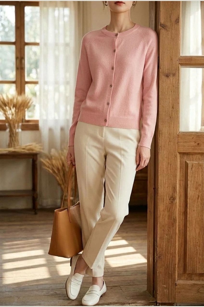 Woman wearing a long sleeve round neck button front cardigan over a grey top with dark slim jeans and ankle boots._2