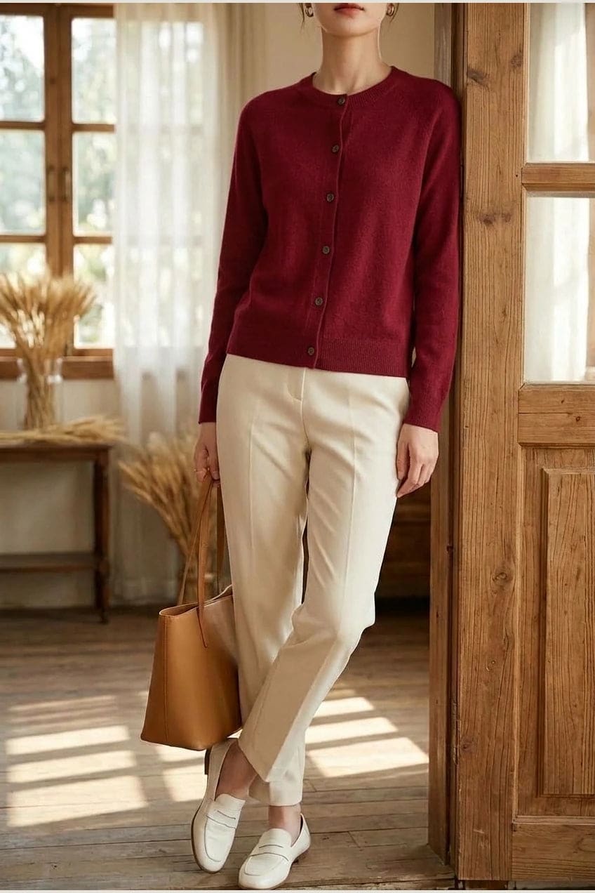 Woman wearing a long sleeve round neck button front cardigan over a grey top with dark slim jeans and ankle boots._20