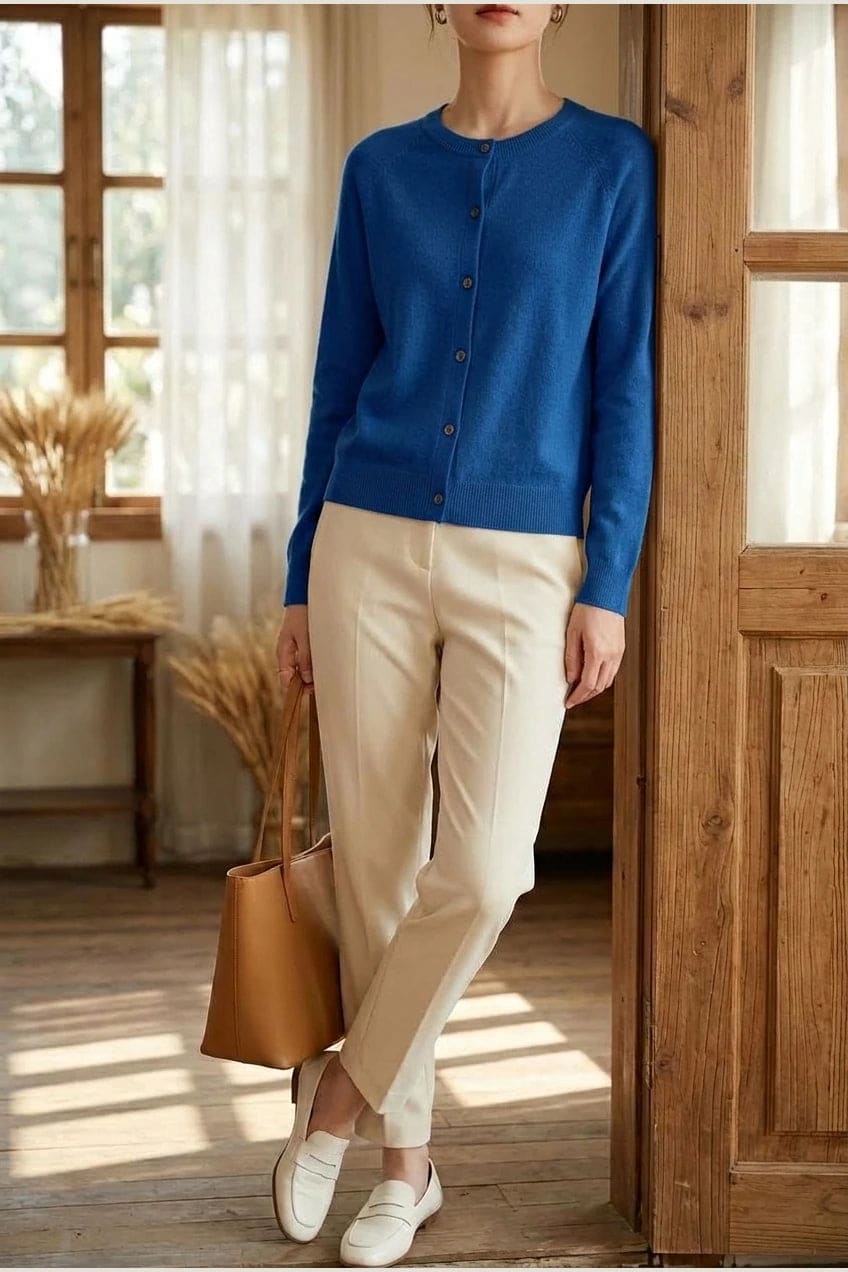 Woman wearing a long sleeve round neck button front cardigan over a grey top with dark slim jeans and ankle boots._8