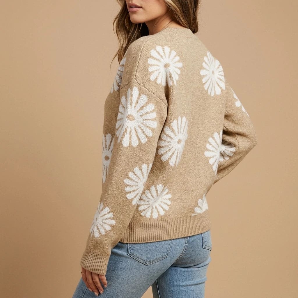 Woman wearing a relaxed crew neck knit jumper with large daisy motifs, blue jeans and low trainers._3