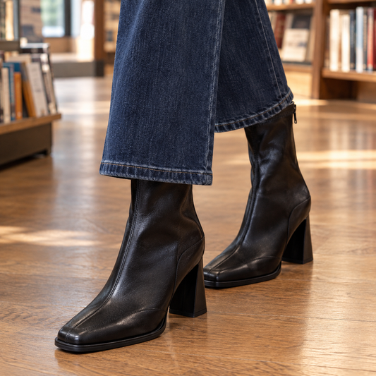 Black square-toe ankle boots with tall flared block heels styled with dark wide-leg jeans, shown from a front three-quarter view.