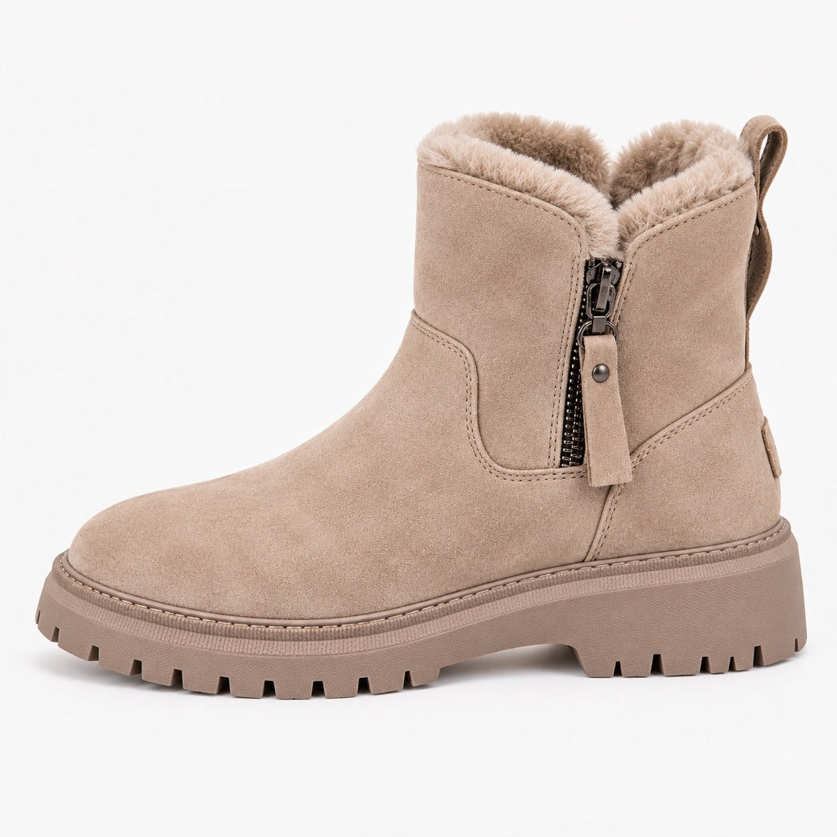 Taupe ankle boot shown in side profile with faux fur trim, visible side zip, rear pull tab, and chunky lug sole.