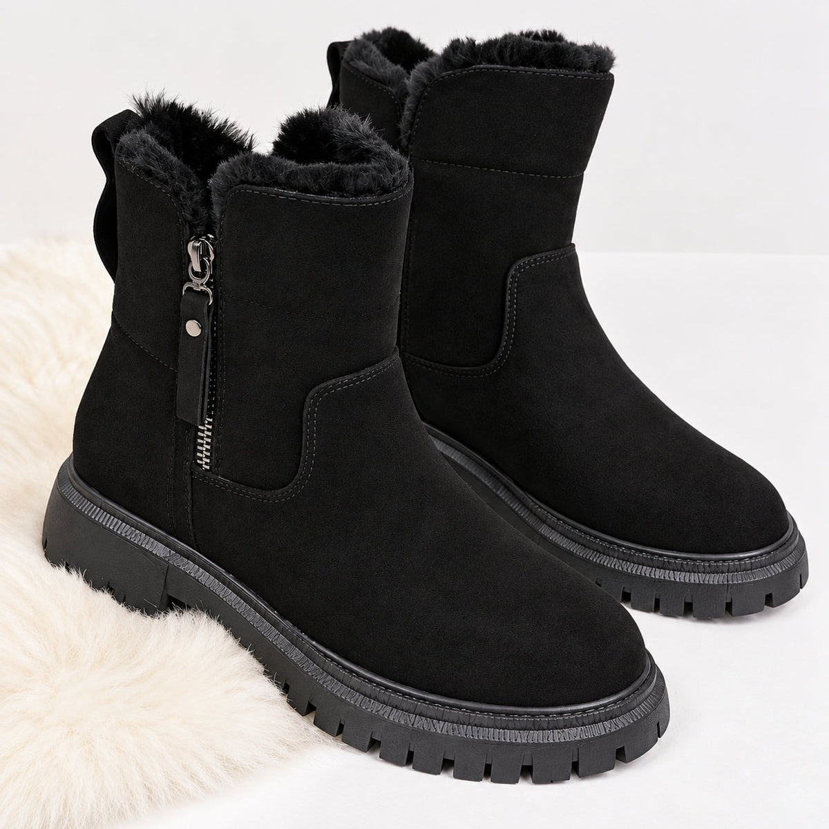 Pair of black ankle boots with plush faux fur collars shown at a three-quarter angle, with side zips and rugged lug soles visible.