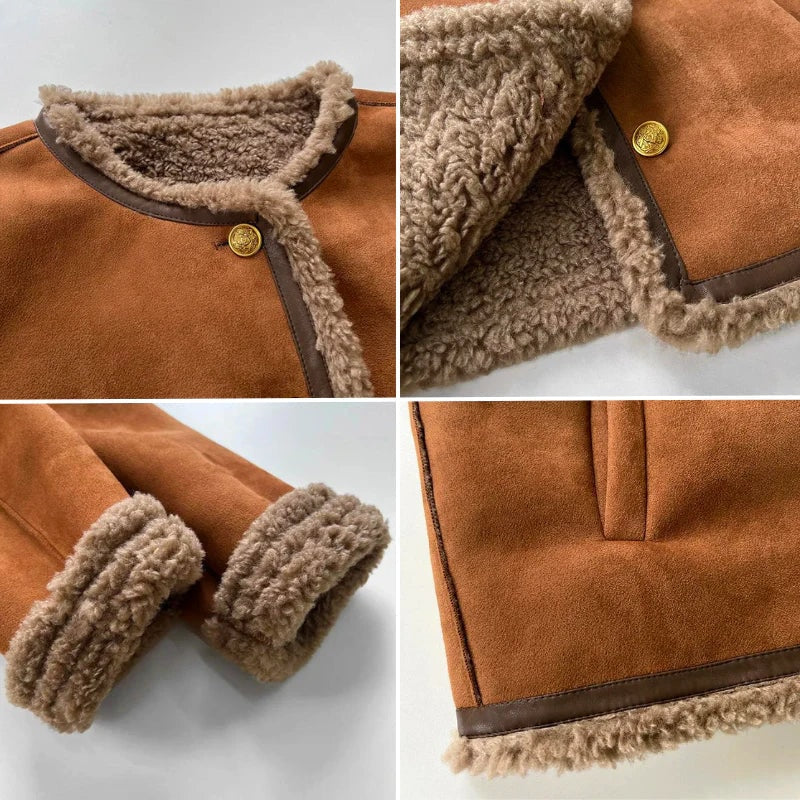 Detail collage showing the plush-trimmed collar, gold-tone button, fuzzy sleeve cuff and trimmed lower edge of the brown jacket.