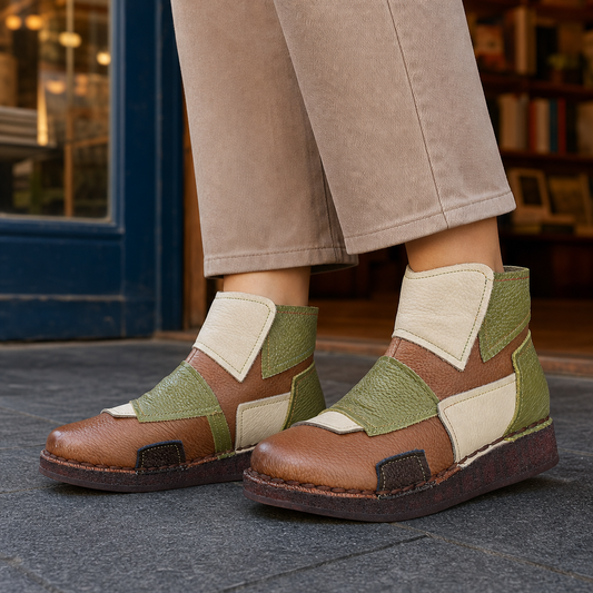 Pair of asymmetric colorblock patchwork ankle boots in brown, olive green, and cream, shown from a front-side angle with rounded toes and low-profile soles.