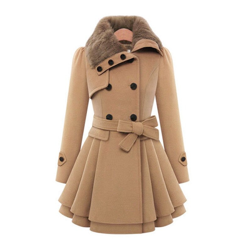 Camel fit-and-flare coat shown from the front with a brown faux-fur collar, double-breasted buttons, tied waist belt, flared layered hem, and buttoned cuff tabs.