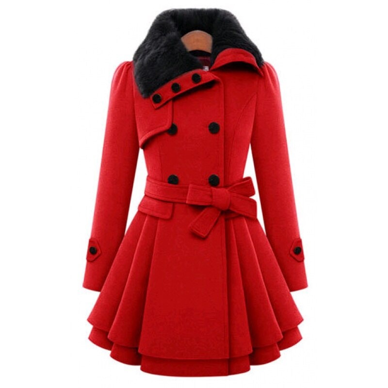 Front view of the coat in bright red, featuring a black faux-fur collar, double-breasted button closure, tied waist belt, and dramatic flared hem.