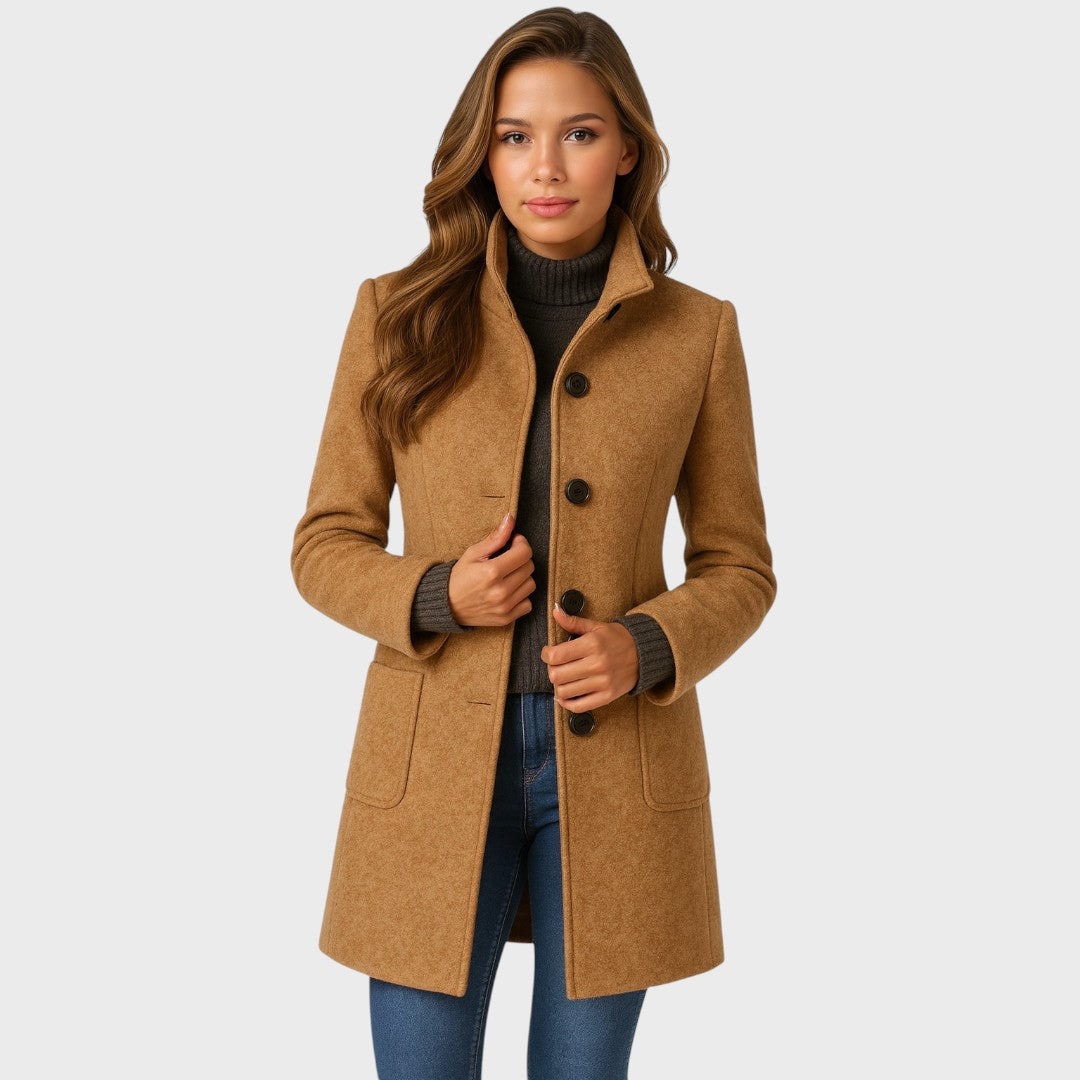 Front view of a camel fitted mid-length coat with a stand collar, button closure, long sleeves, and two front patch pockets.