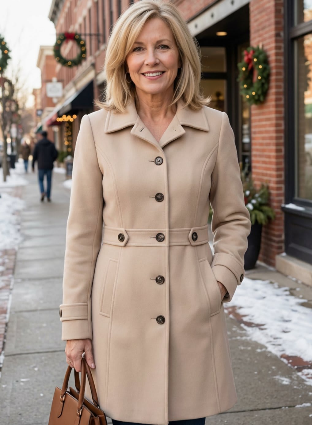 A woman standing on a snowy street wearing a single breasted knee length coat with a notch collar, front buttons, waist tabs, cuff tabs and two front pockets._0
