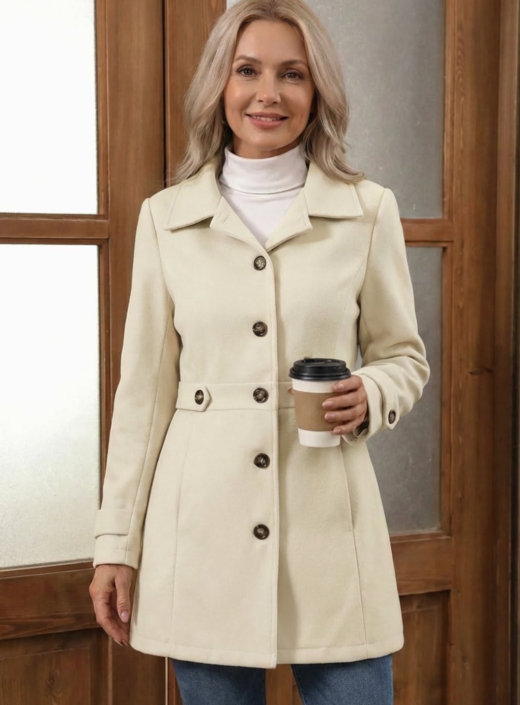 Deirdre | Single Breasted Knee Length Coat with Waist Tabs and Notch Collar