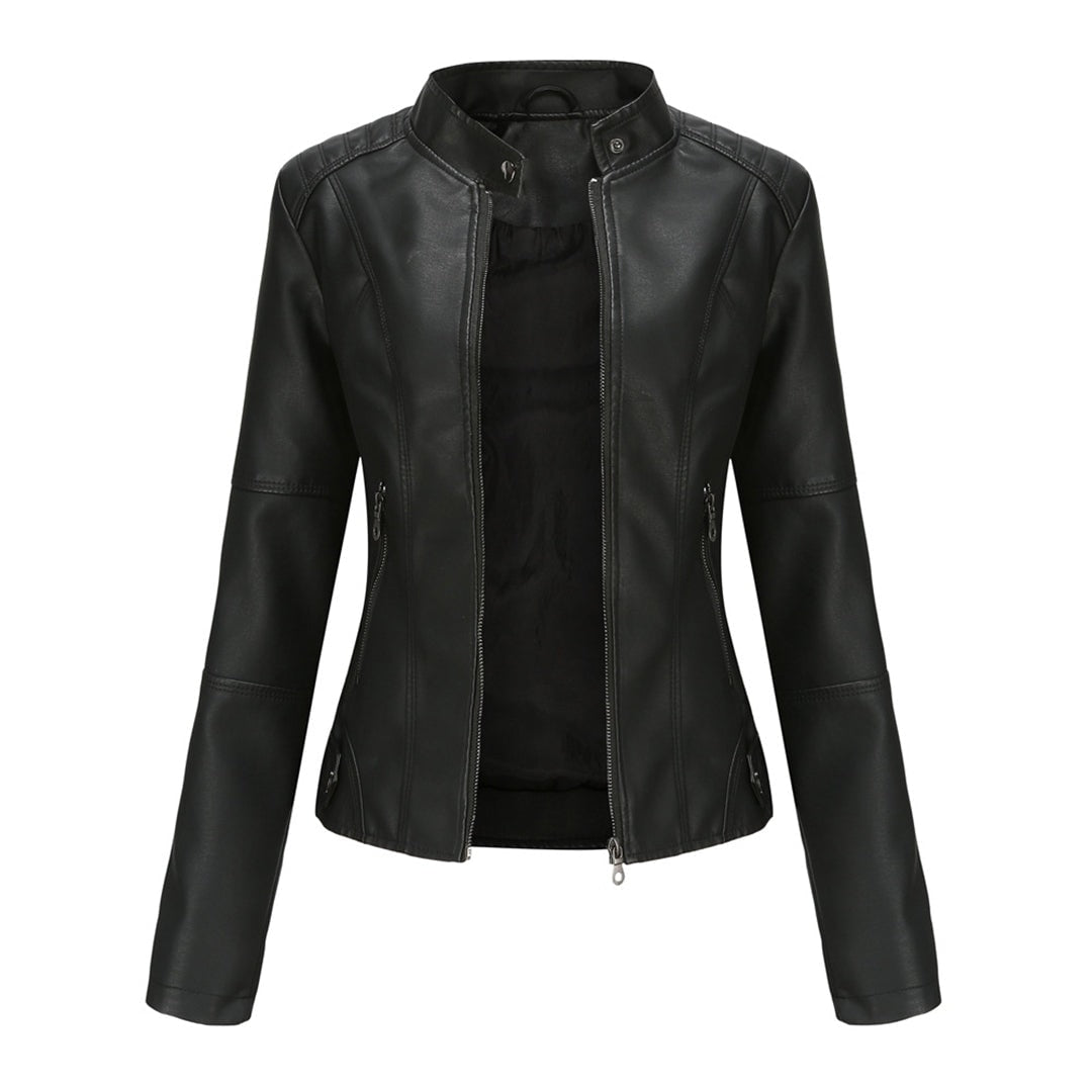Black fitted moto jacket with a stand collar, front zip fastening, paneled detailing, and zipped side pockets.