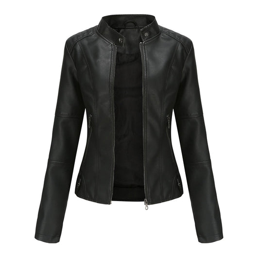 Black fitted moto jacket with a stand collar, front zip fastening, paneled detailing, and zipped side pockets.