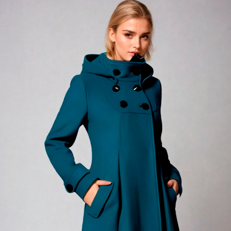 Front view of a teal funnel-neck hooded A-line coat with double-breasted black buttons and angled front pockets.