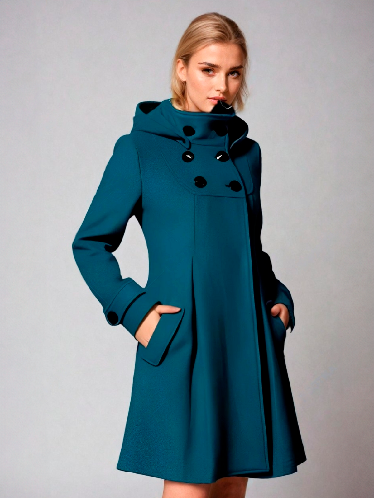 Three-quarter front view highlighting the teal coat’s structured hood, buttoned neckline, and sweeping A-line silhouette.