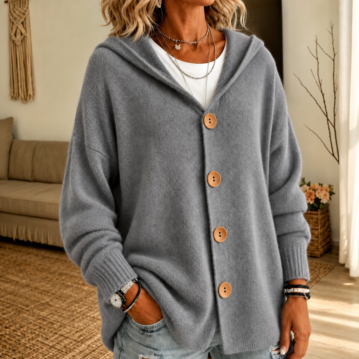 Close view of a gray hooded button-front cardigan with four wooden buttons, long sleeves, and ribbed cuffs over a white top.