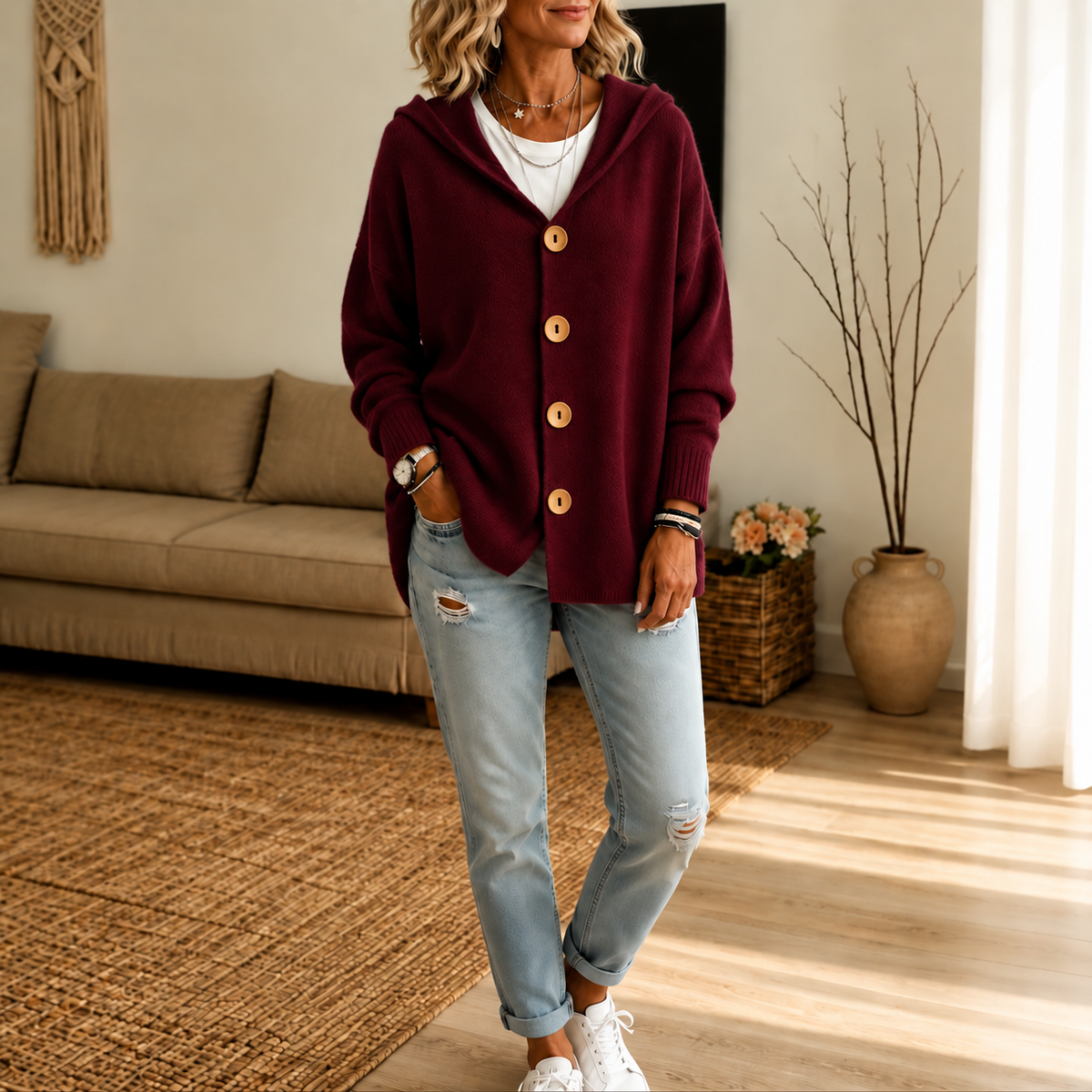 Burgundy hooded button-front cardigan styled with a white top, ripped jeans, and sneakers.