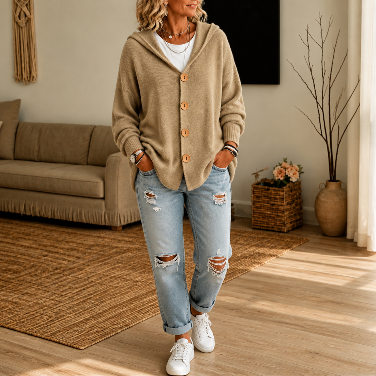 Tan hooded cardigan with wooden buttons worn over a white top and cuffed jeans.