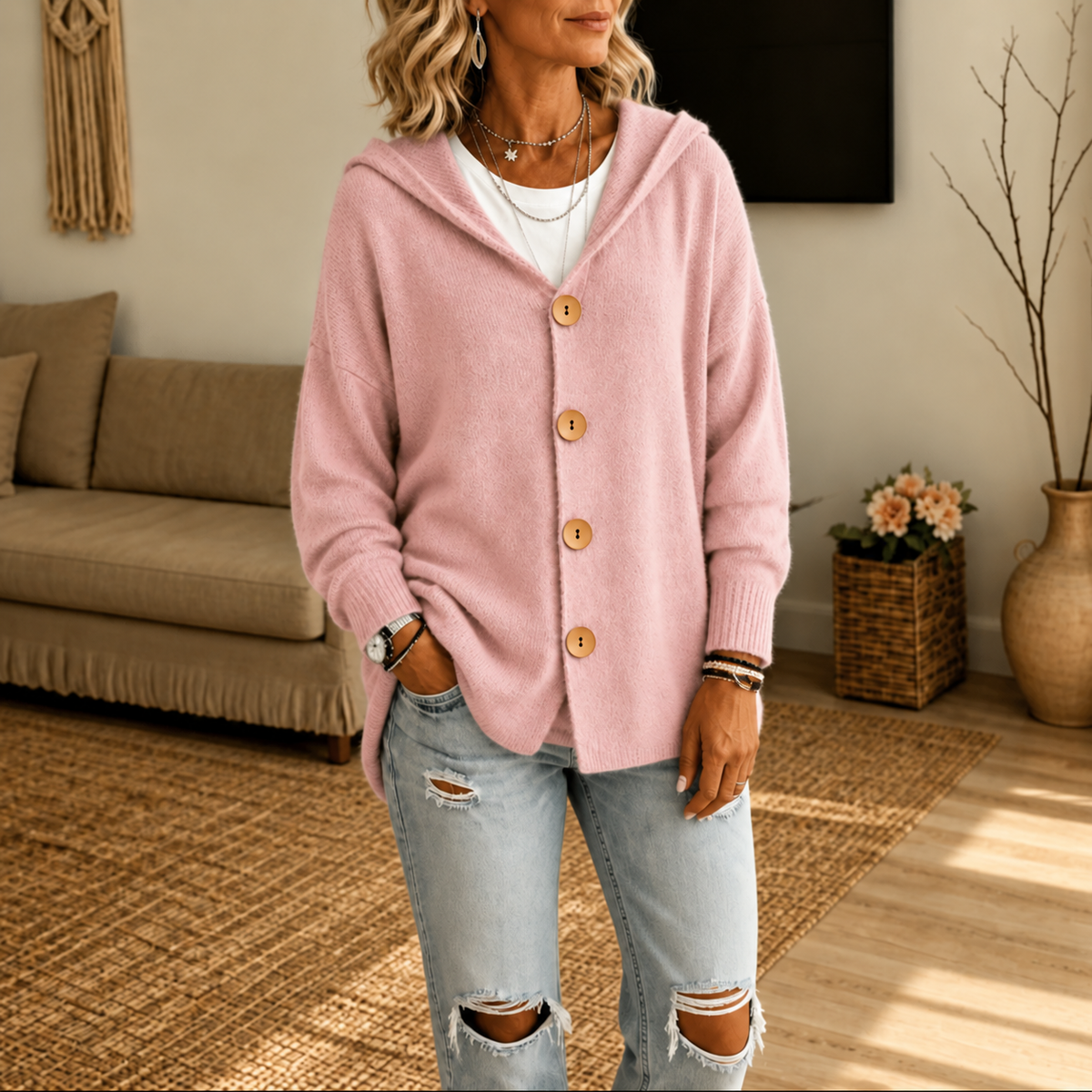 Pink hooded button-front cardigan with ribbed cuffs paired with distressed jeans.