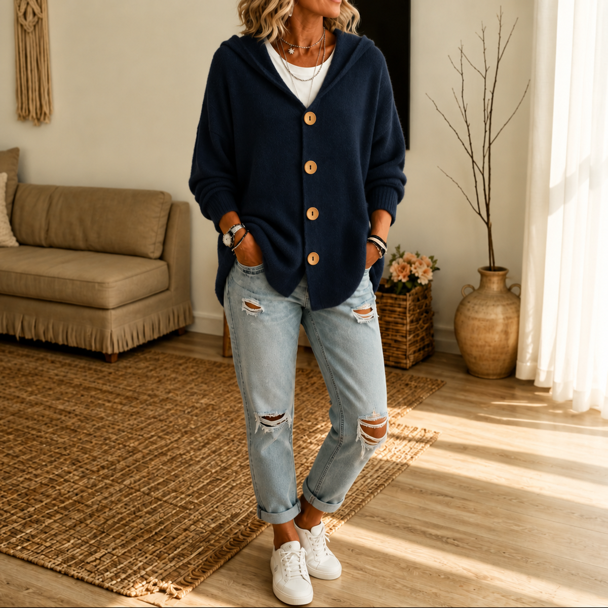 Navy hooded cardigan featuring a button front and relaxed styling with cuffed jeans and sneakers.