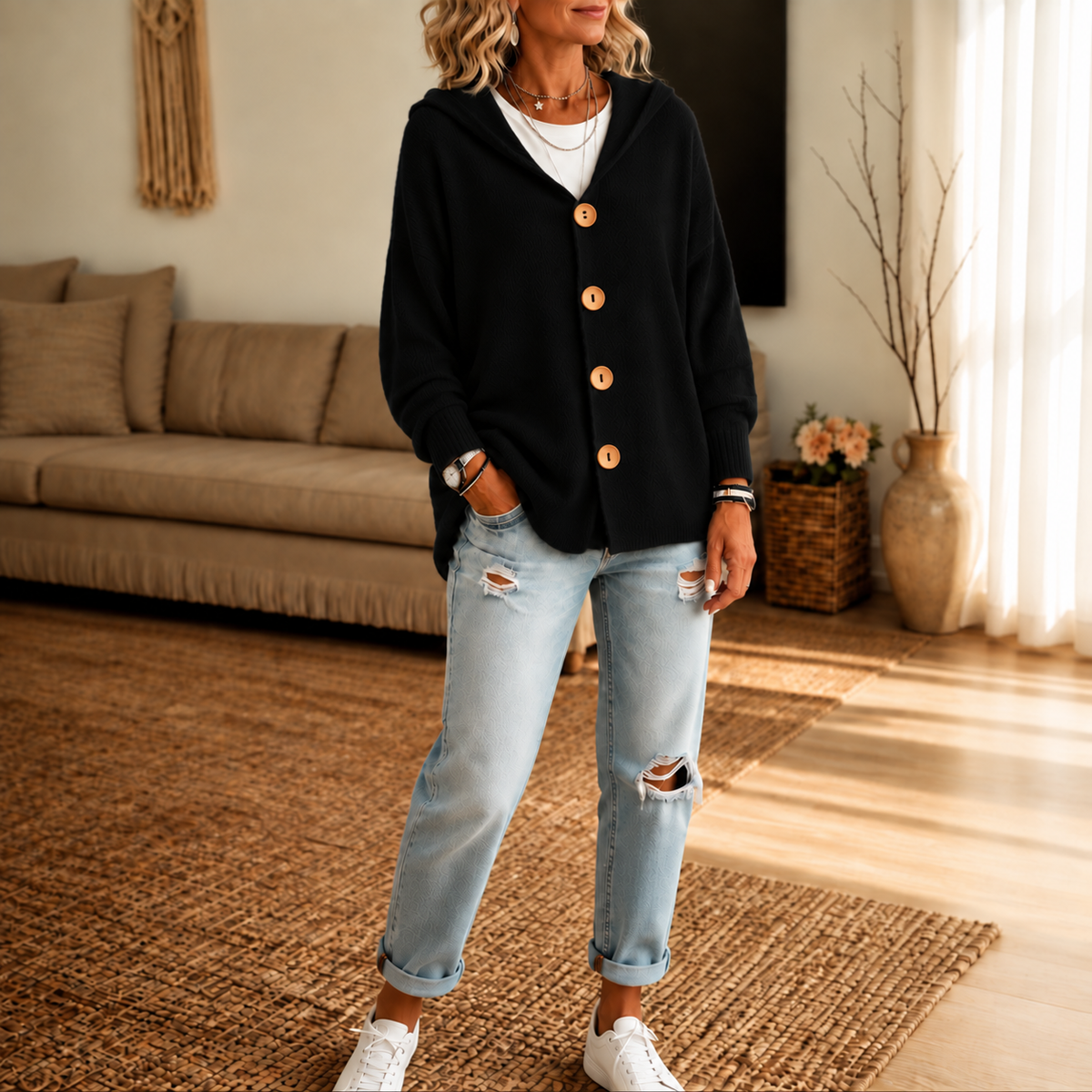 Black hooded cardigan with wooden buttons styled casually with light distressed jeans.