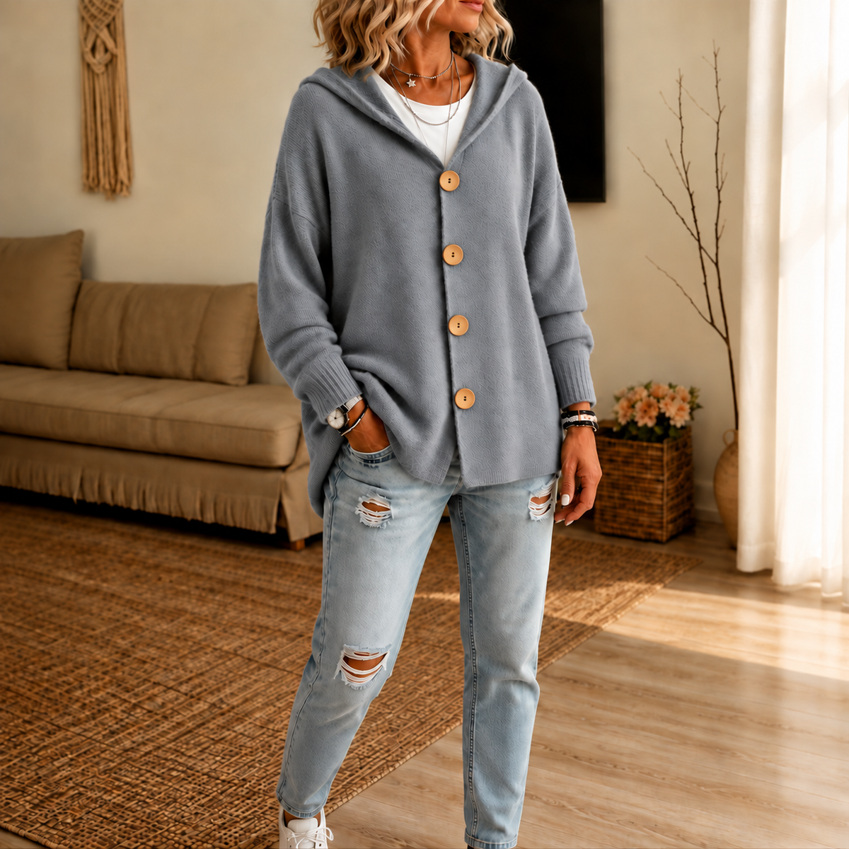Gray hooded cardigan shown in a front styling view with long sleeves, ribbed cuffs, and light jeans.