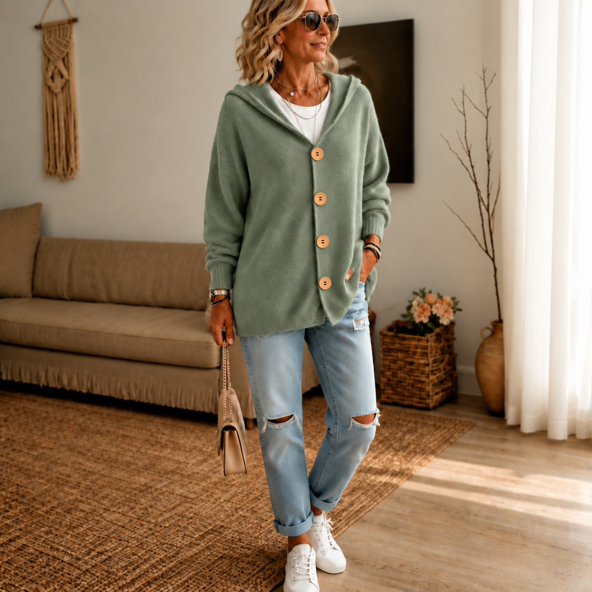 Sage green hooded button-front cardigan paired with distressed jeans and white sneakers.