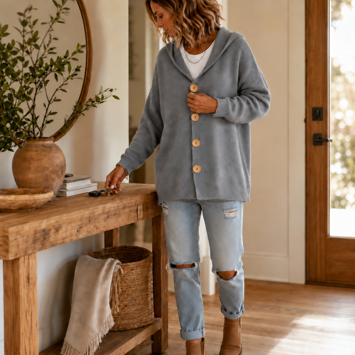 Full-length side view of the gray hooded cardigan worn with cuffed jeans and ankle boots.