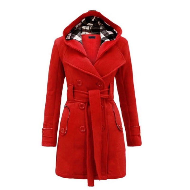 Red hooded double-breasted coat with a contrasting check lining, long sleeves, waist tie belt, buttoned flap pockets, and mid-thigh length.