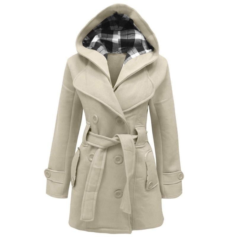 Cream hooded belted coat showing its contrasting black-and-white check hood lining, wide lapels, double-breasted buttons, and cuff details.