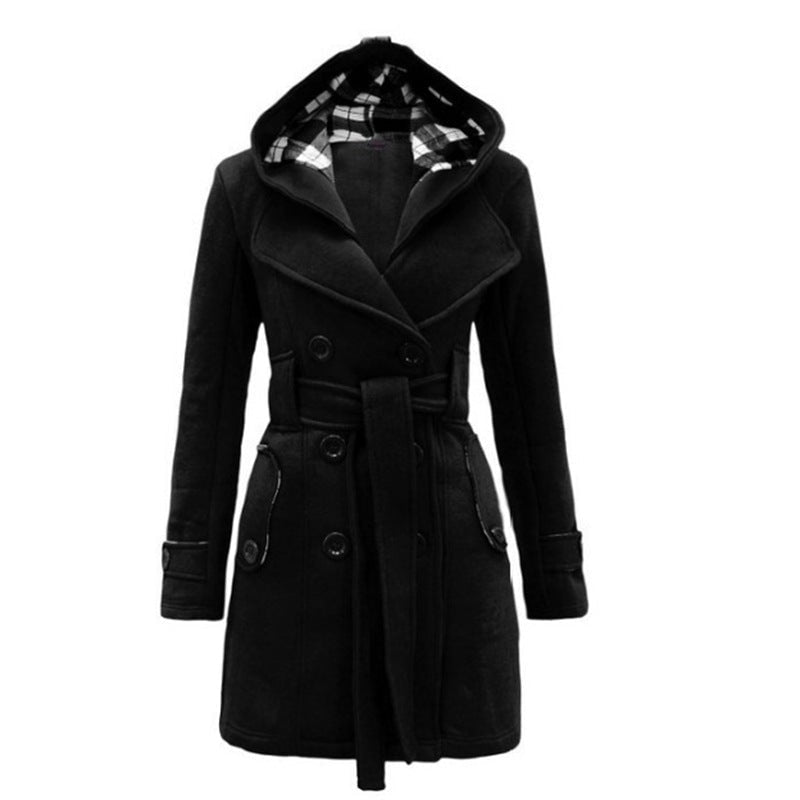 Black hooded coat with a check-lined hood, double-breasted front, long sleeves, tie belt, and rounded buttoned pockets.