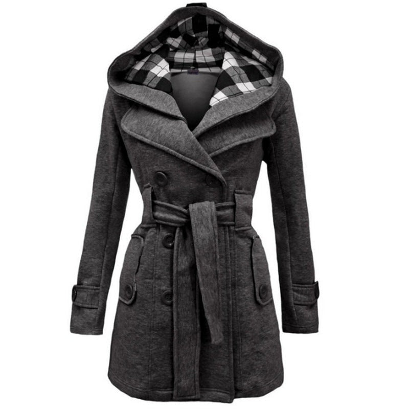 Charcoal gray hooded double-breasted coat featuring a check lining, wide lapels, cinched waist belt, long sleeves, and buttoned pockets.