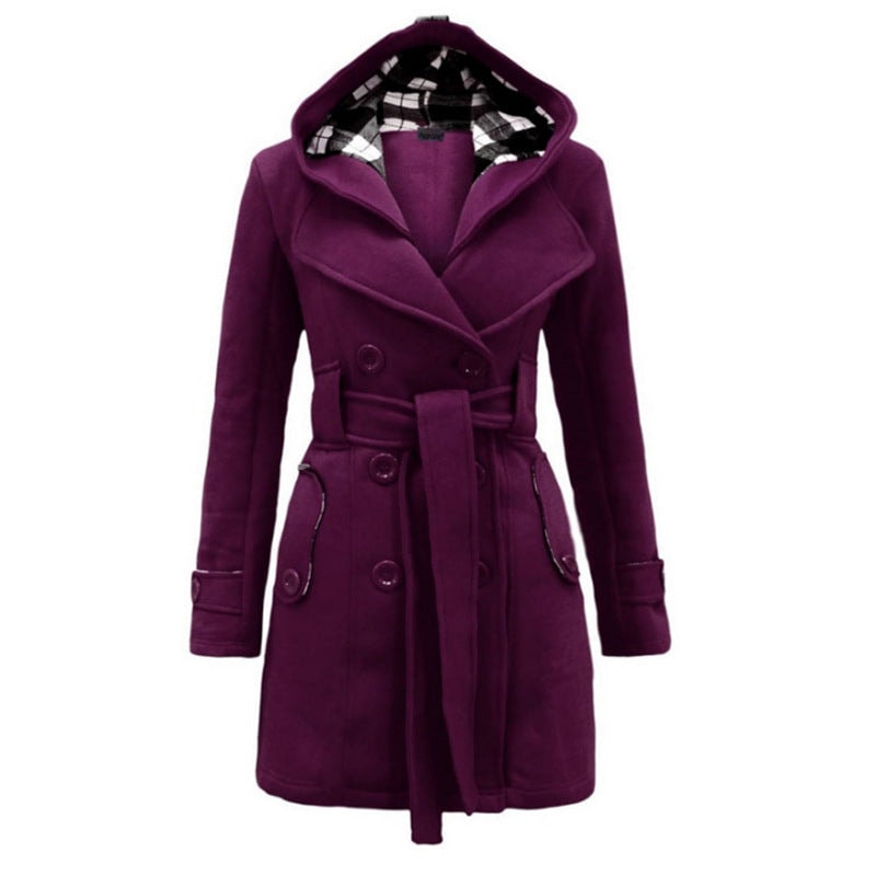 Deep purple hooded coat with contrasting check lining, double-breasted button front, adjustable waist belt, and mid-thigh tailored silhouette.
