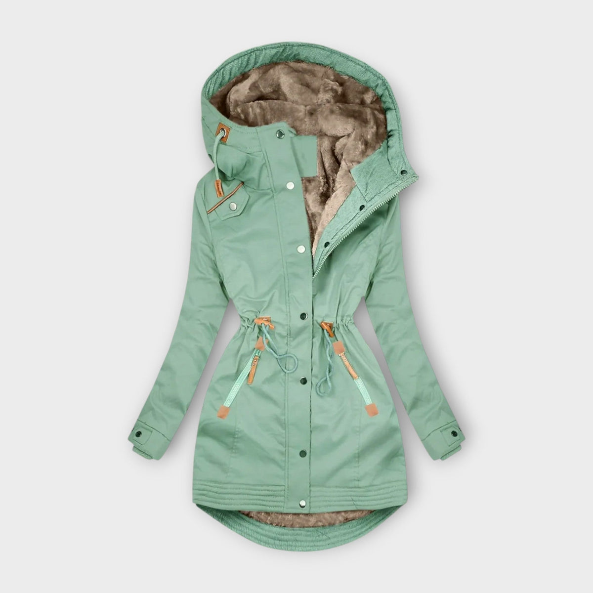 Mint green hooded parka coat with a drawstring waist, front zip and snap closure, long sleeves, and a longer back hem.