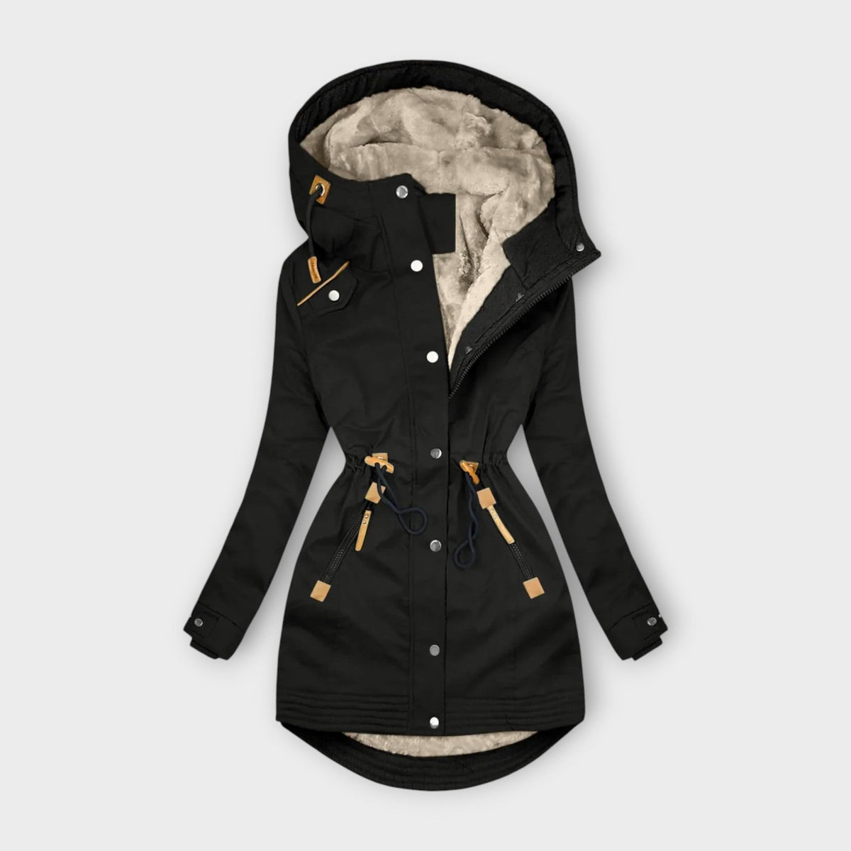 Black hooded parka coat with a plush-looking light lining, adjustable drawstring waist, front closure, and snap cuffs.