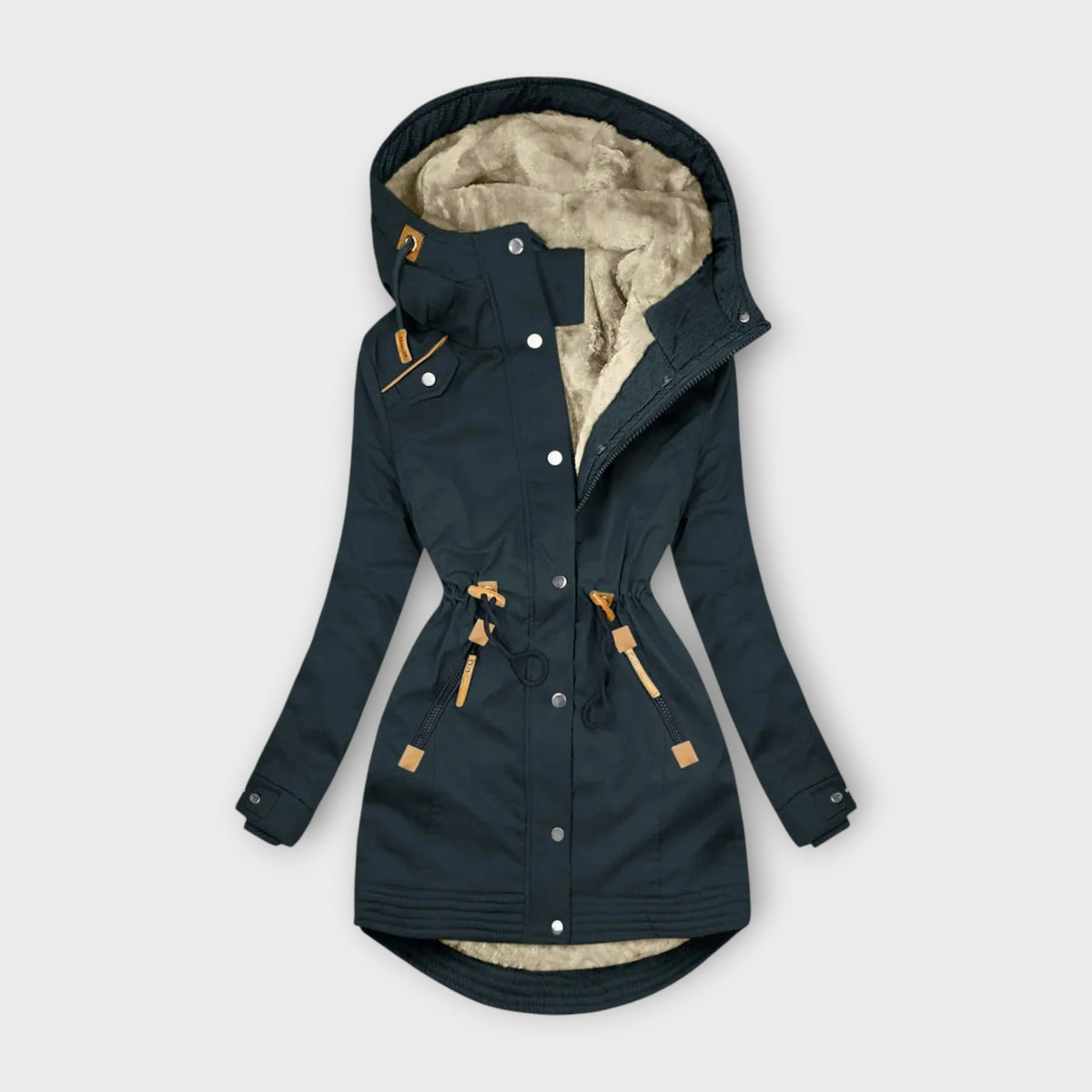 Deep navy hooded parka coat shown open at the upper front to reveal its light lining, with waist drawstrings and an extended back hem.