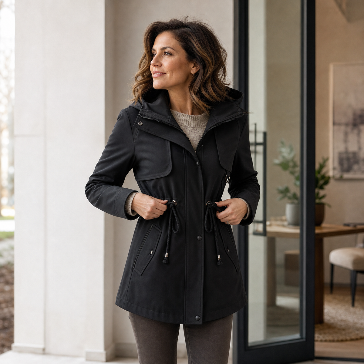 Black hooded jacket styled indoors with the waist drawstrings being adjusted, showing the hood, flap chest pockets, and front closure.