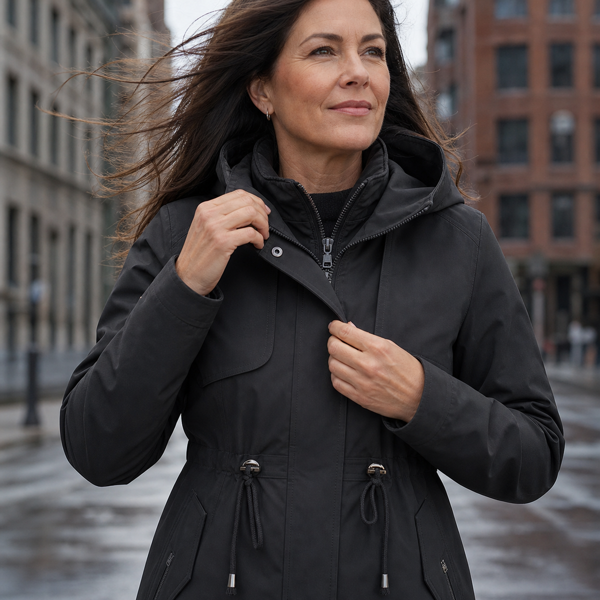 Black hooded jacket shown close up with the front closure partly open, adjustable waist cords, and flap chest pockets.