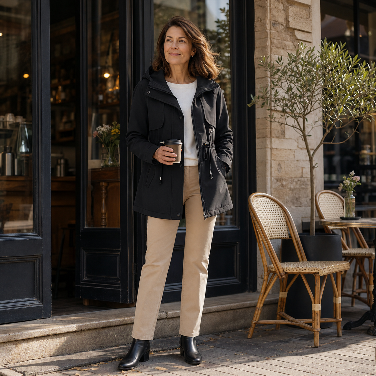 Full-length black hooded jacket styled with trousers and boots, showing its front closure, adjustable waist, and front pockets outside a café.