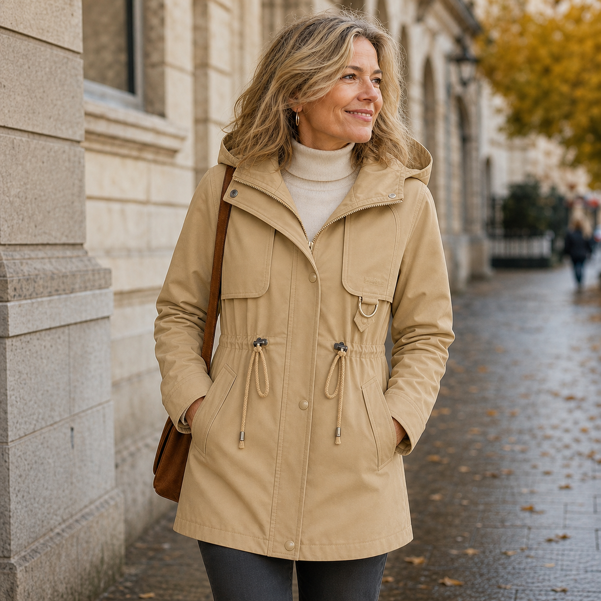 Tan hooded jacket with visible waist drawstrings, flap chest pockets, front utility pockets, and a snap-front closure.