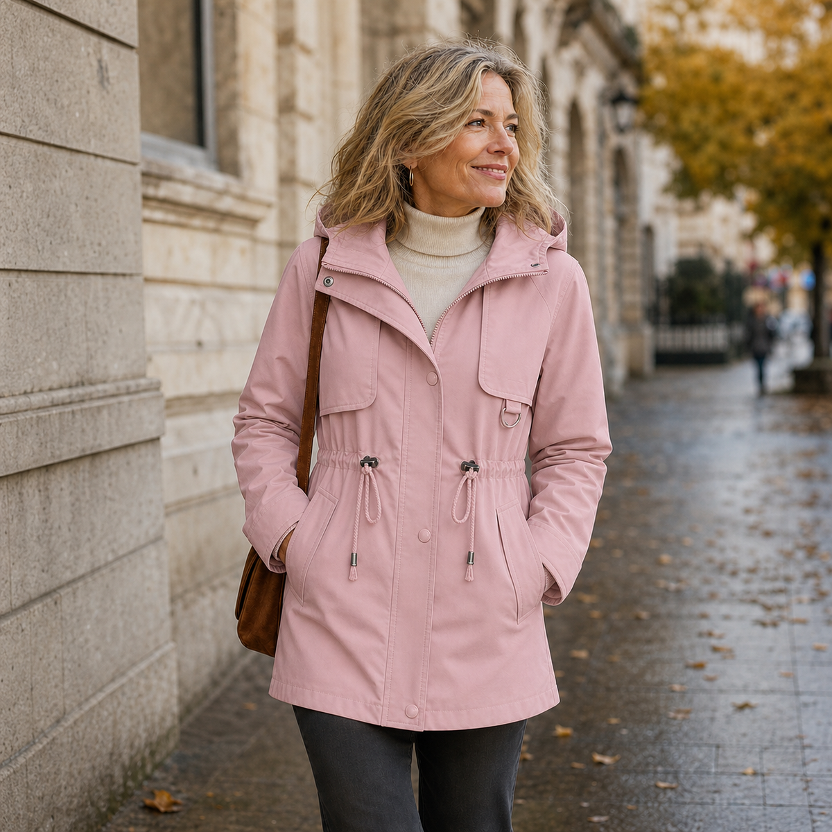 Pink hooded jacket featuring an adjustable drawstring waist, flap chest pockets, and roomy front pockets.