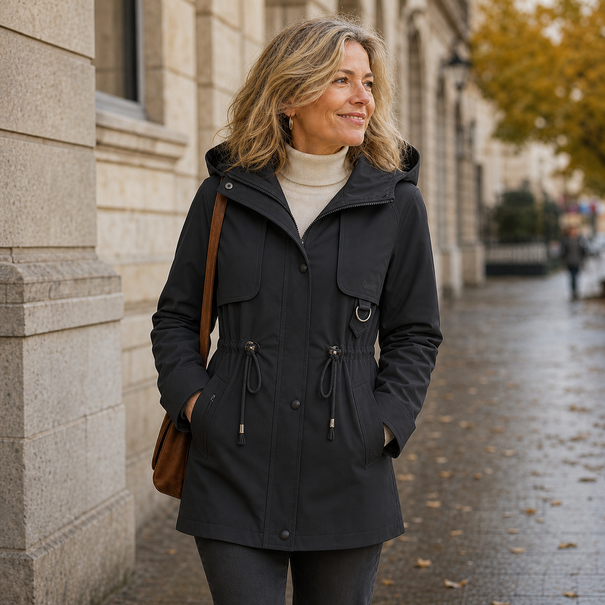 Black hooded jacket worn with the hood down, highlighting the overlapping front closure, adjustable waist cords, and front utility pockets.